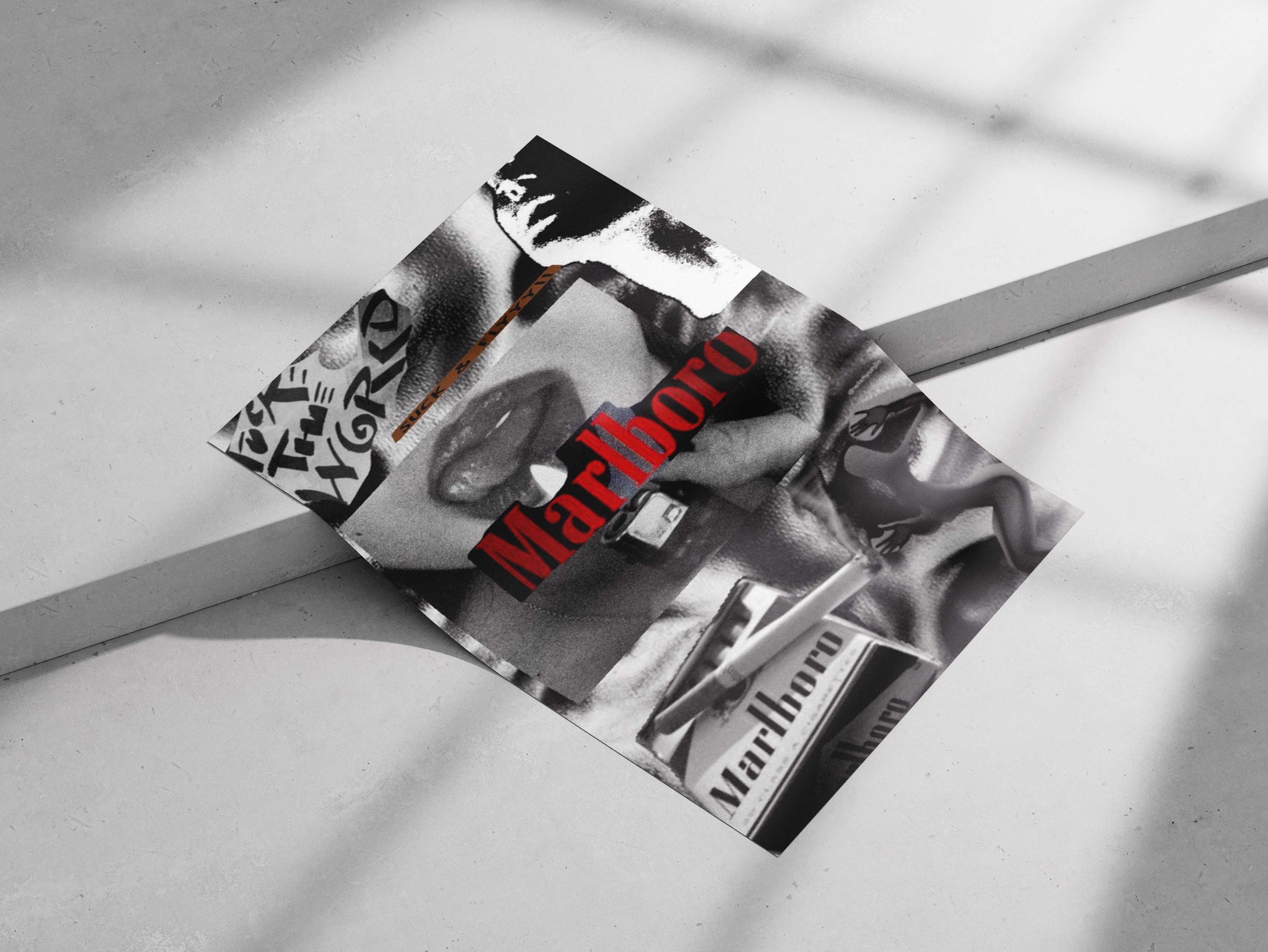 Digital collage featuring Marlboro cigarette brand, lips close-up, and text elements "I S T T