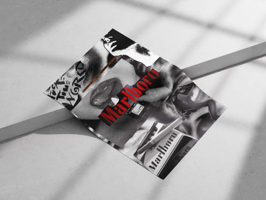 Digital collage featuring Marlboro cigarette brand, lips close-up, and text elements "I S T T