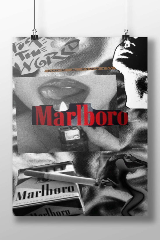 Digital collage featuring Marlboro cigarette brand, lips close-up, and text elements "I S T T