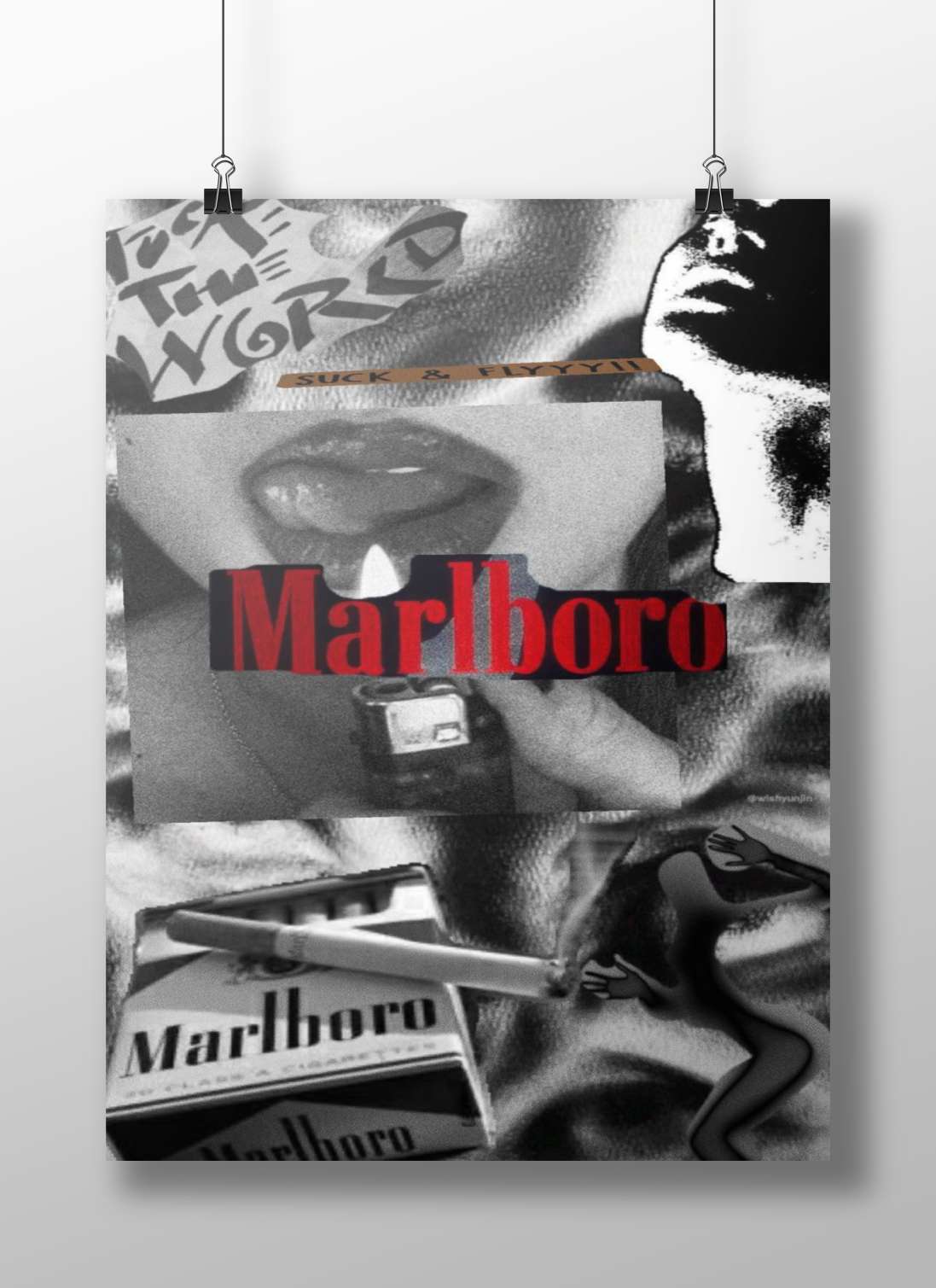 Digital collage featuring Marlboro cigarette brand, lips close-up, and text elements "I S T T