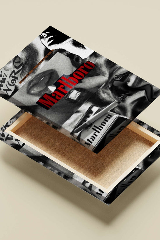 Digital collage featuring Marlboro cigarette brand, lips close-up, and text elements "I S T T