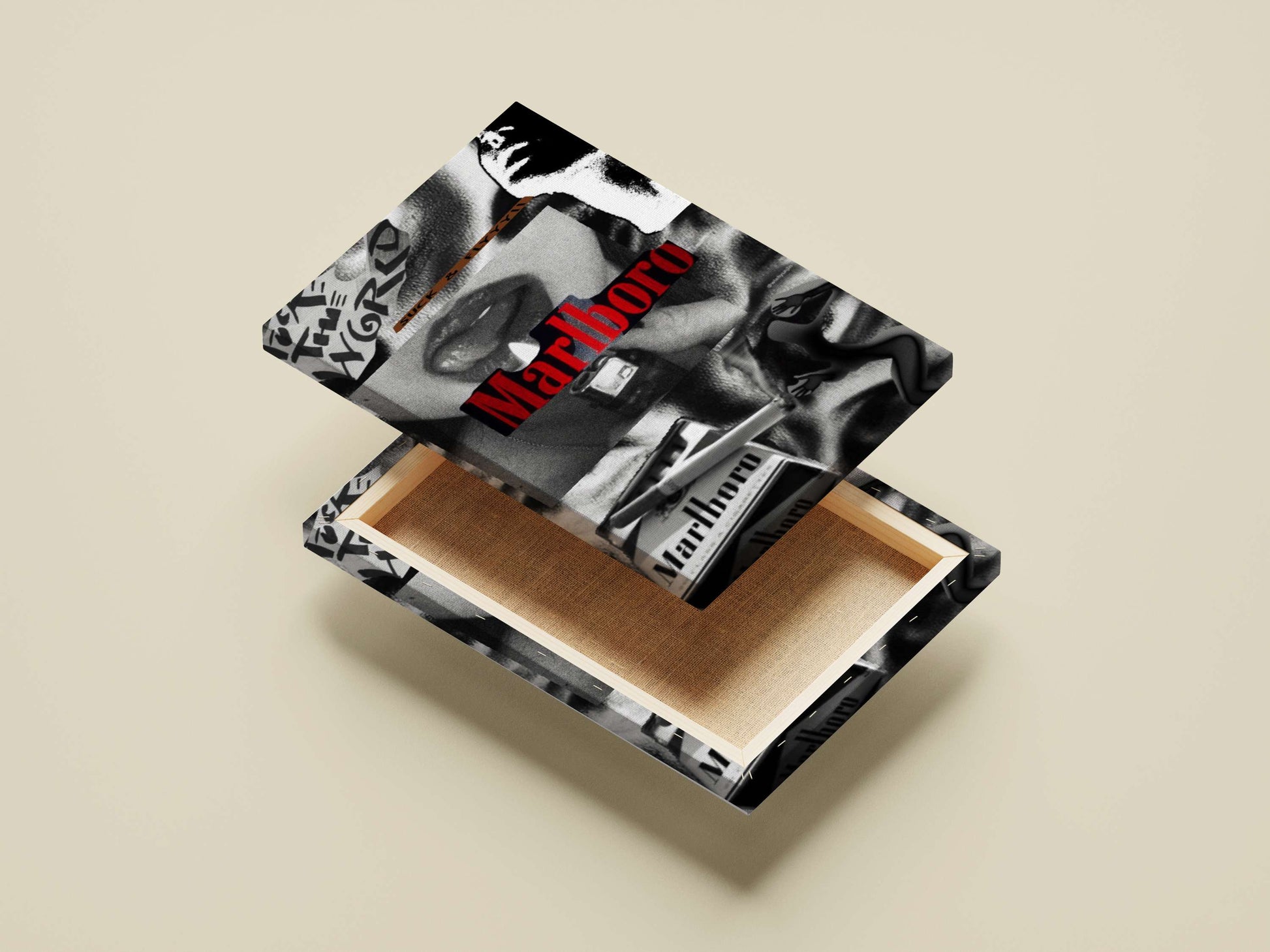 Digital collage featuring Marlboro cigarette brand, lips close-up, and text elements "I S T T