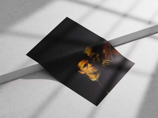 Ryan Gosling, Skeleton Ryan Gosling Realism Oil Painting Skeleton Violin Poster – Dark Theme Wall