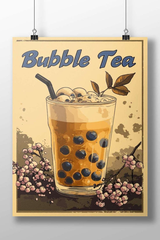 Bubble Tea (specifically a glass of bubble tea with boba pearls, tapioca balls, and decorative leaves) Main Subject: Bubble