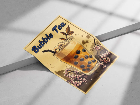 Bubble Tea (specifically a glass of bubble tea with boba pearls, tapioca balls, and decorative leaves) Main Subject: Bubble