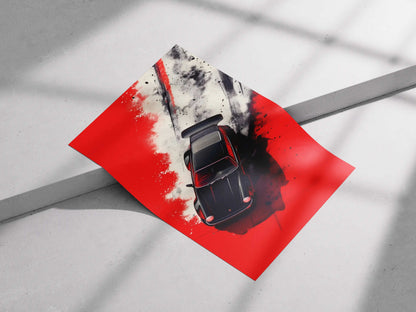 Porsche 911 Drift Art Poster – Black Sports Car Wall Decor with Red Racing Aesthetic