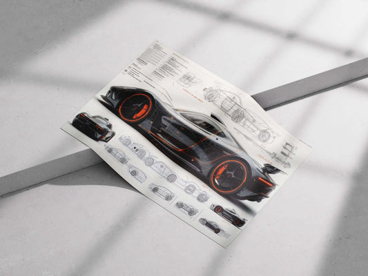 Futuristic Hypercar Blueprint Poster – Black & Orange Automotive Concept Art Print