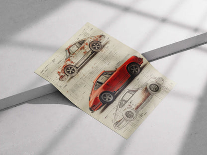 Vintage Porsche 911 Evolution Blueprint Poster – Patina to Restoration Car Wall Art