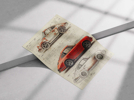Vintage Porsche 911 Evolution Blueprint Poster – Patina to Restoration Car Wall Art