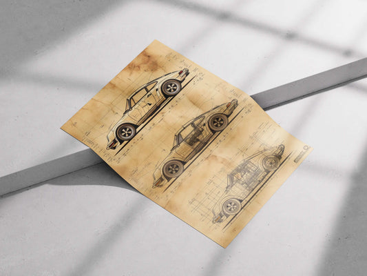 Porsche 911 Blueprint Poster – Vintage Technical Drawing Wall Art for Car Lovers & Garage Decor