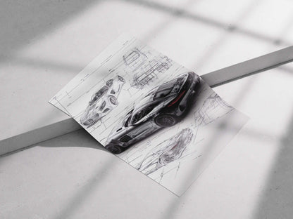 Mercedes AMG GT Poster – Technical Blueprint Car Art Print for Garage, Office, or Auto Enthusiasts