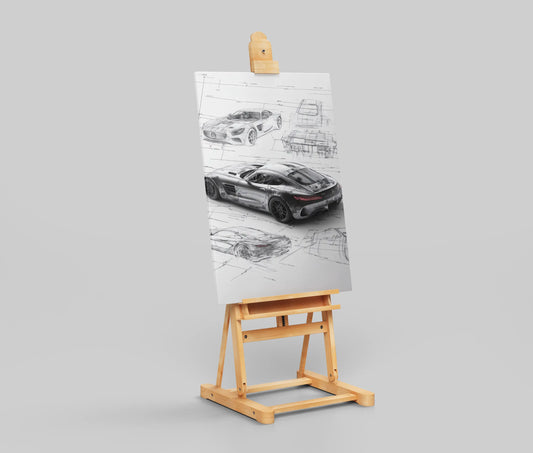 Mercedes AMG GT Poster – Technical Blueprint Car Art Print for Garage, Office, or Auto Enthusiasts