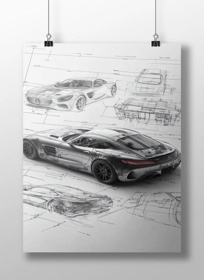 Mercedes AMG GT Poster – Technical Blueprint Car Art Print for Garage, Office, or Auto Enthusiasts