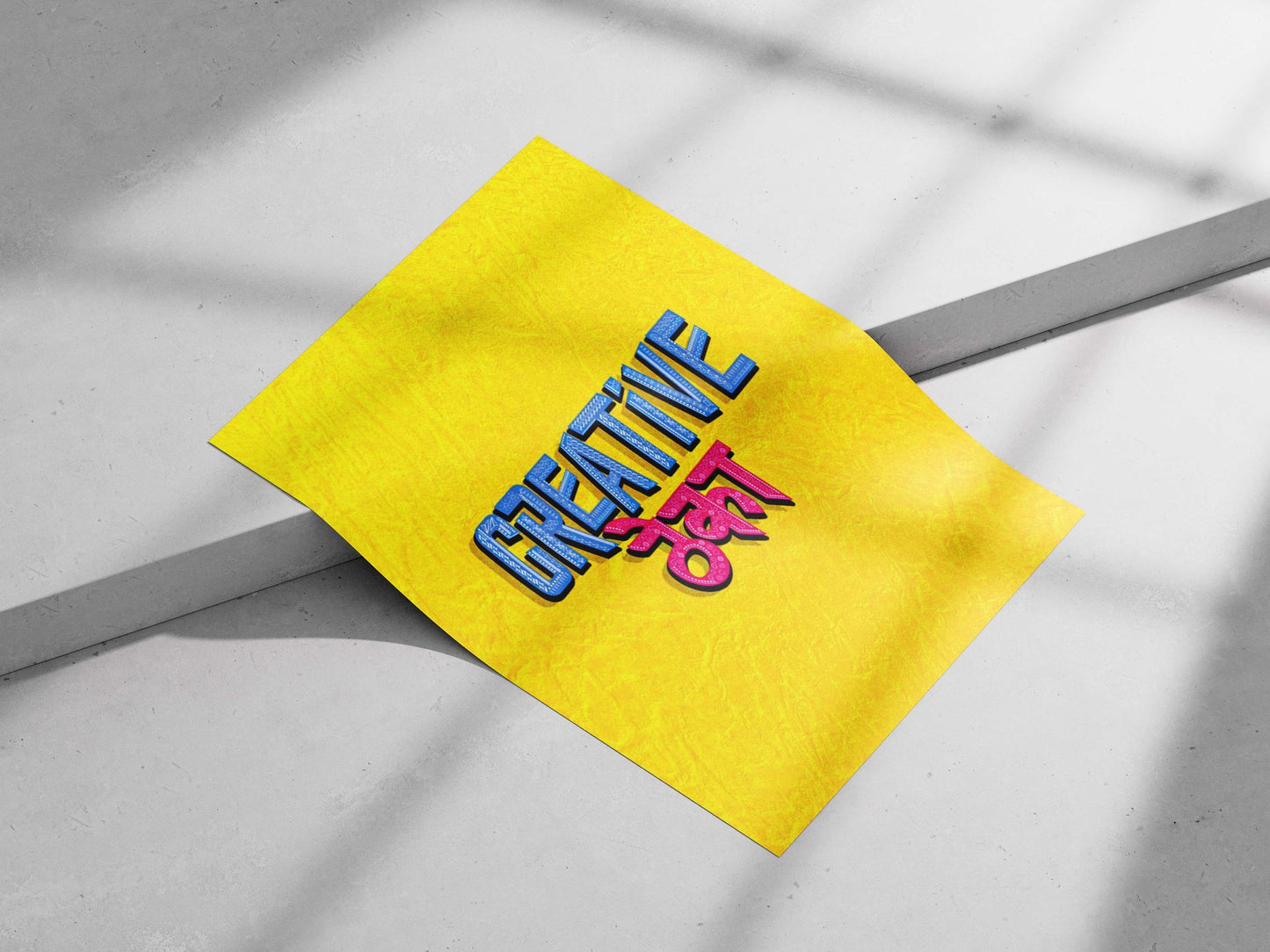 "CREATIVE" (English word) and "देवता" (Hindi deity name) Main Subject: "CREATIVE" (English word) and "देवता" (Hindi deity