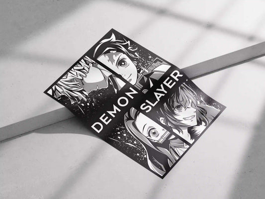 Demon Slayer Black & White Character Split Anime Poster - Tanjiro Nezuko Inosuke Zenitsu Art Print