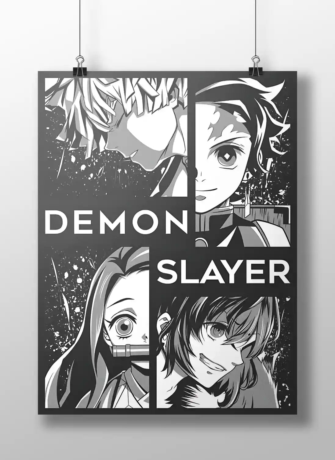 Demon Slayer Black & White Character Split Anime Poster - Tanjiro Nezuko Inosuke Zenitsu Art Print