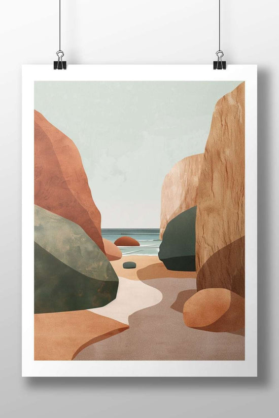 Coastal rock formations flanking a sandy beach path toward the ocean Main Subject: Coastal rock formations flanking a sandy