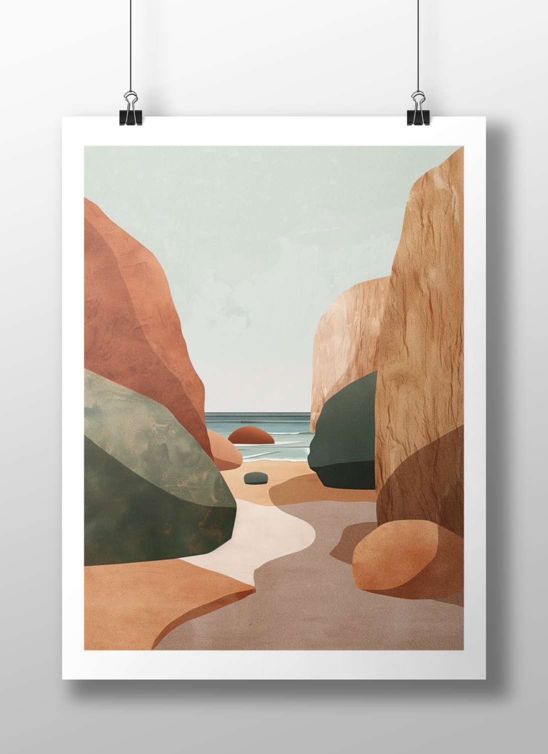 Coastal rock formations flanking a sandy beach path toward the ocean Main Subject: Coastal rock formations flanking a sandy