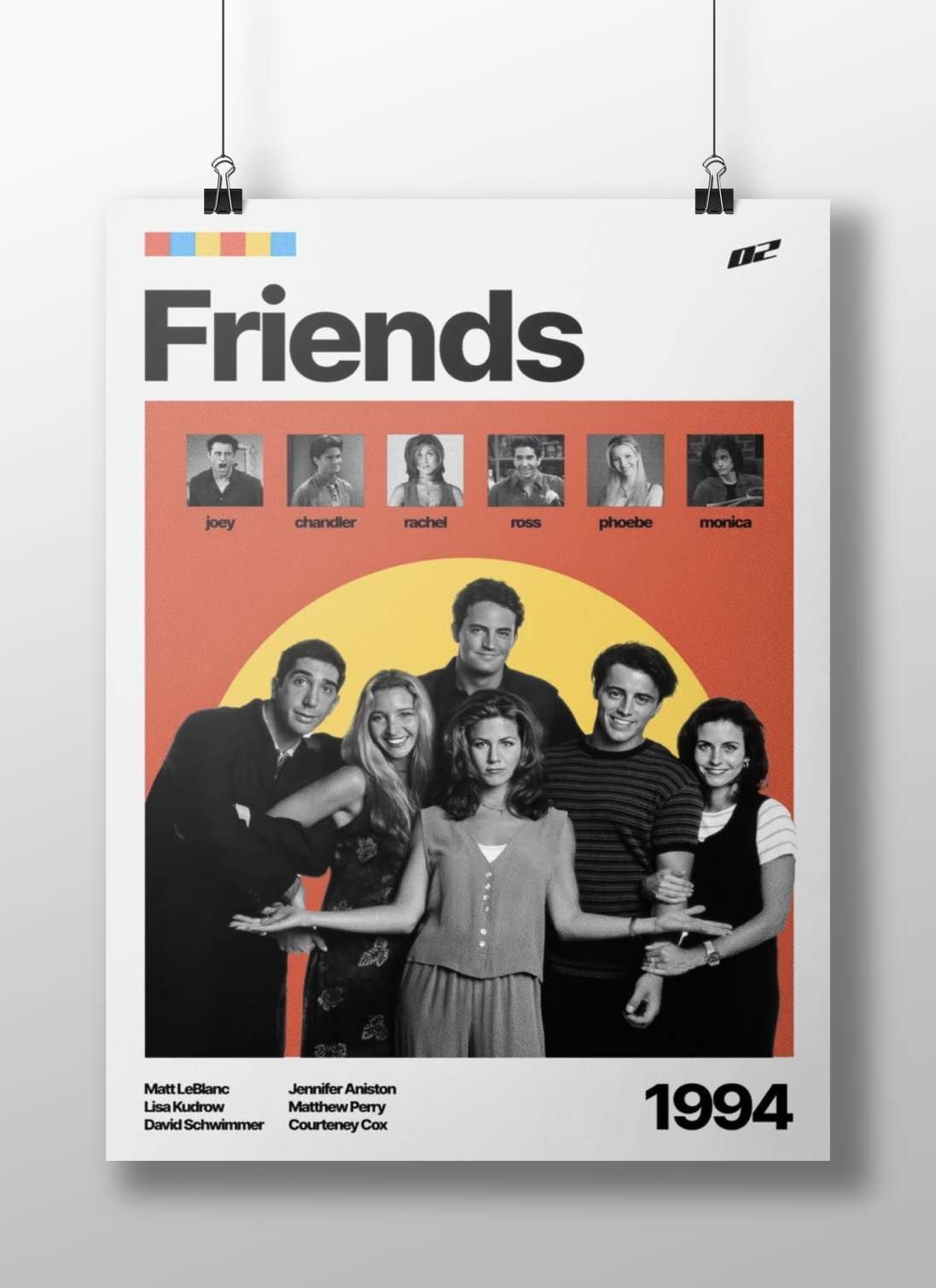The television series "Friends" with characters Joey, Chandler, Rachel, Ross, Phoebe, and Monica. Main Subject: The