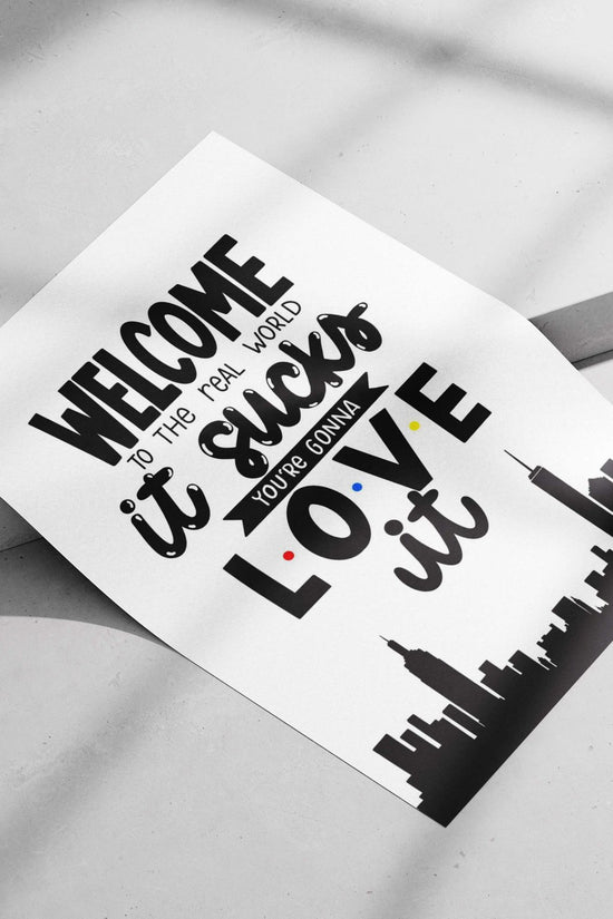 The motivational text phrase "WELCOME TO THE REAL WORLD it sucks YOU'RE GONNA LOVE it" Main Subject: The motivational text