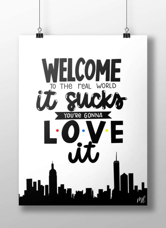 The motivational text phrase "WELCOME TO THE REAL WORLD it sucks YOU'RE GONNA LOVE it" Main Subject: The motivational text