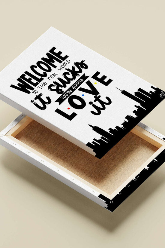The motivational text phrase "WELCOME TO THE REAL WORLD it sucks YOU'RE GONNA LOVE it" Main Subject: The motivational text