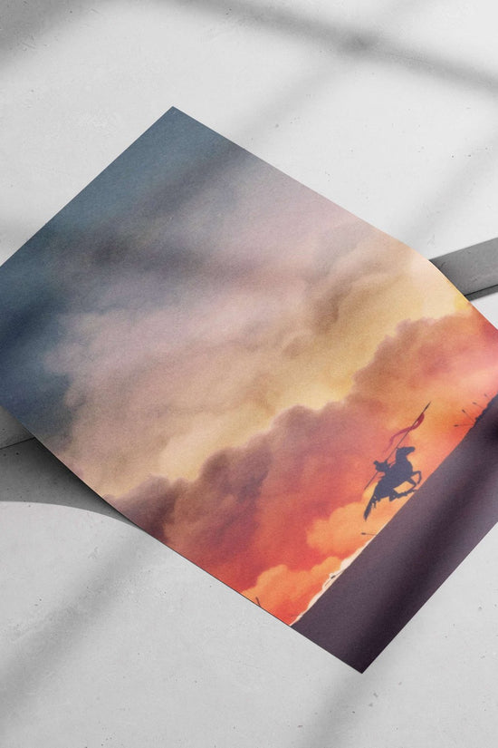 Silhouetted warrior on horseback holding a spear with a red banner Main Subject: Silhouetted warrior on horseback holding a