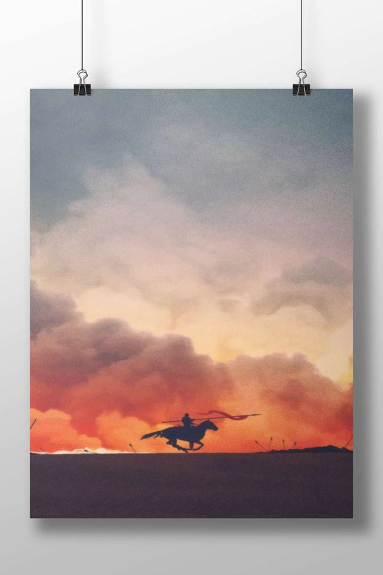 Silhouetted warrior on horseback holding a spear with a red banner Main Subject: Silhouetted warrior on horseback holding a