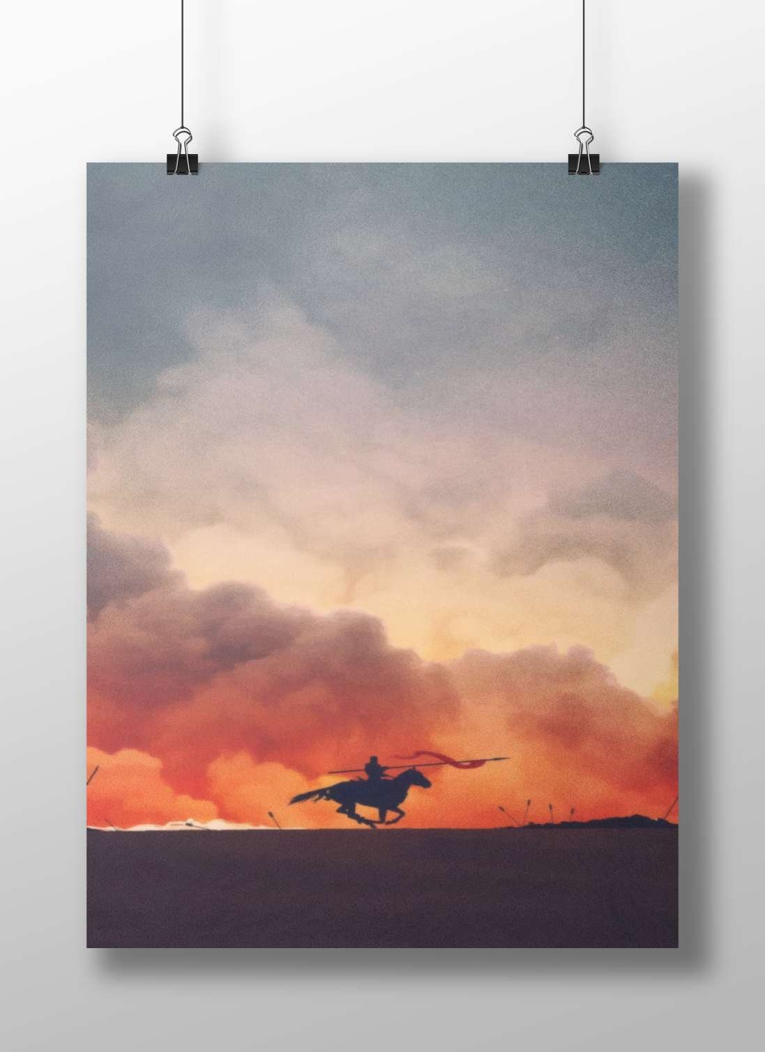Silhouetted warrior on horseback holding a spear with a red banner Main Subject: Silhouetted warrior on horseback holding a