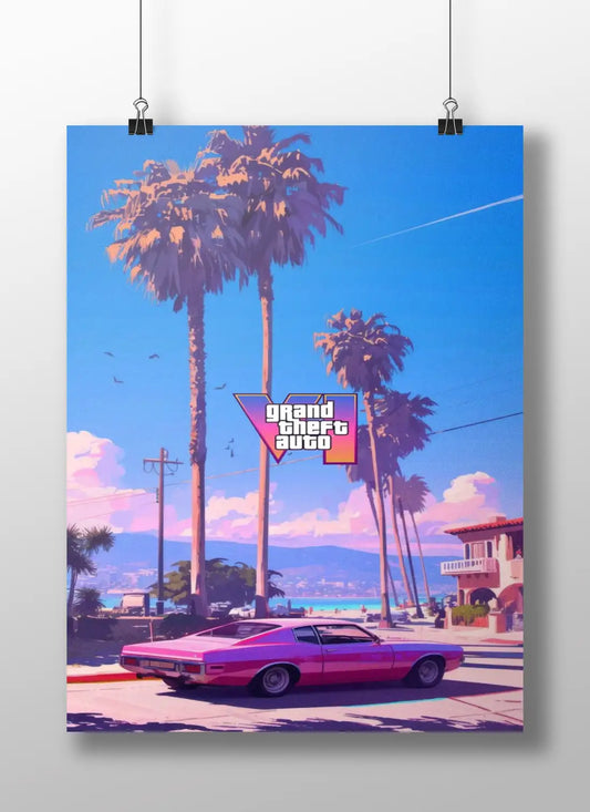 GTA VI Vice City Poster - Neon Palm Trees Retro Art Print