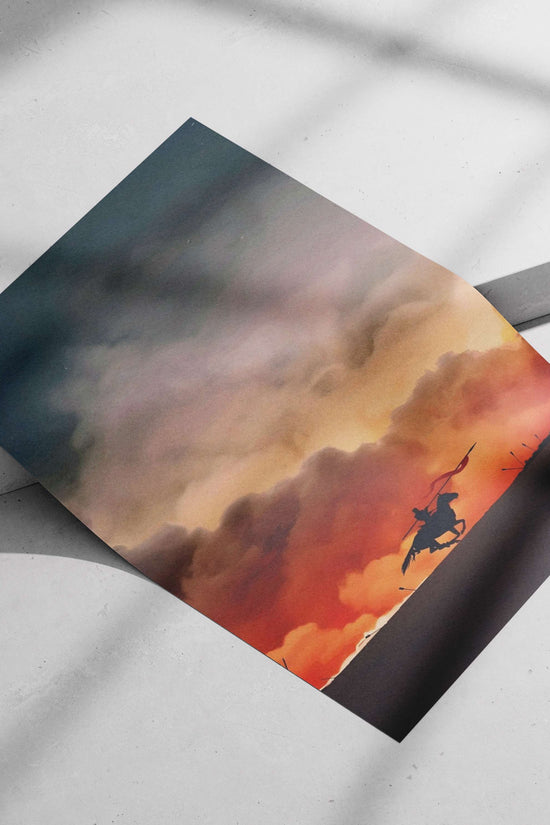 Silhouetted Warrior on Horseback Holding a Spear with Red Flag Silhouetted Maratha Warrior On Horseback
