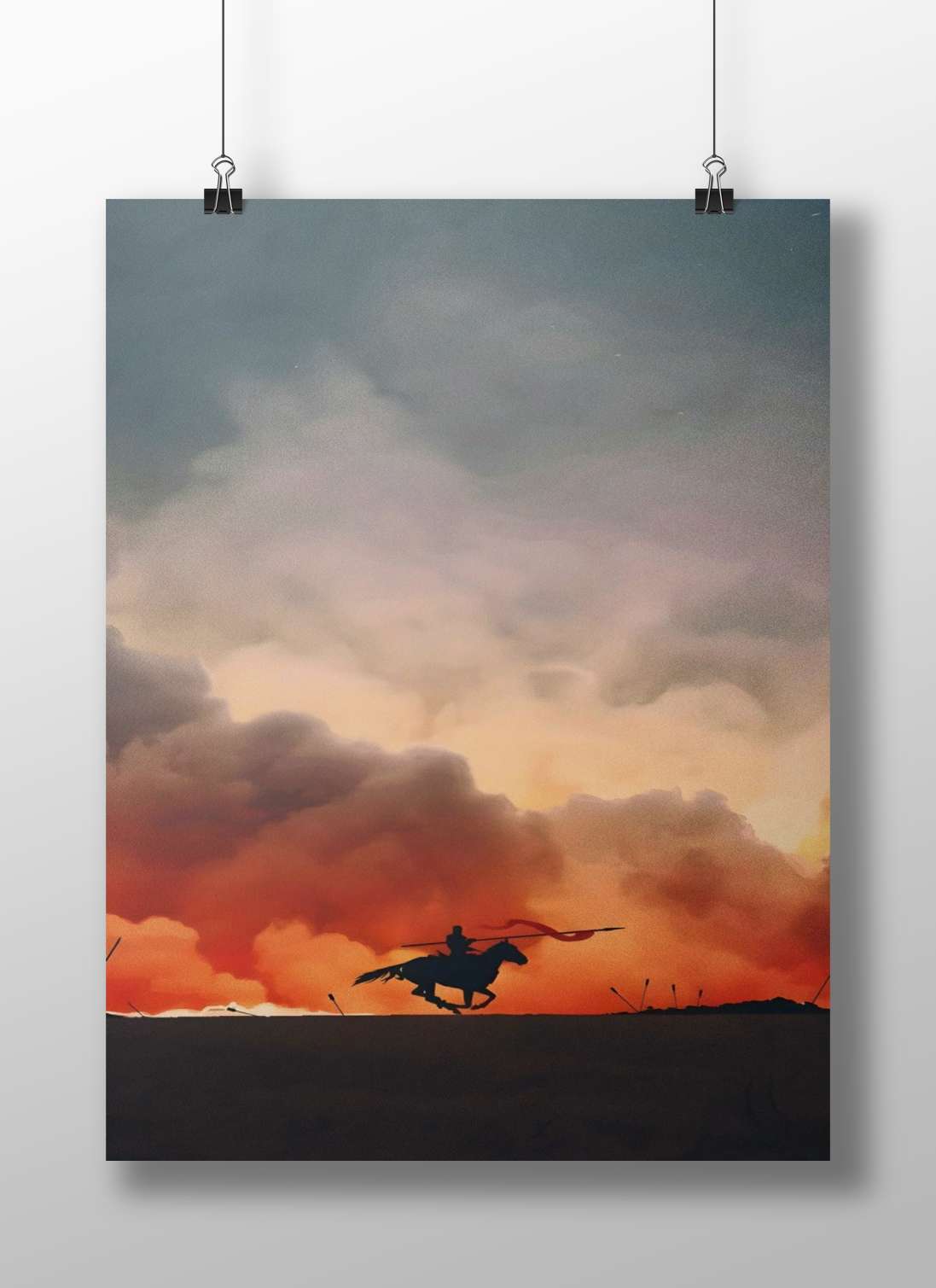 Silhouetted Warrior on Horseback Holding a Spear with Red Flag Silhouetted Maratha Warrior On Horseback