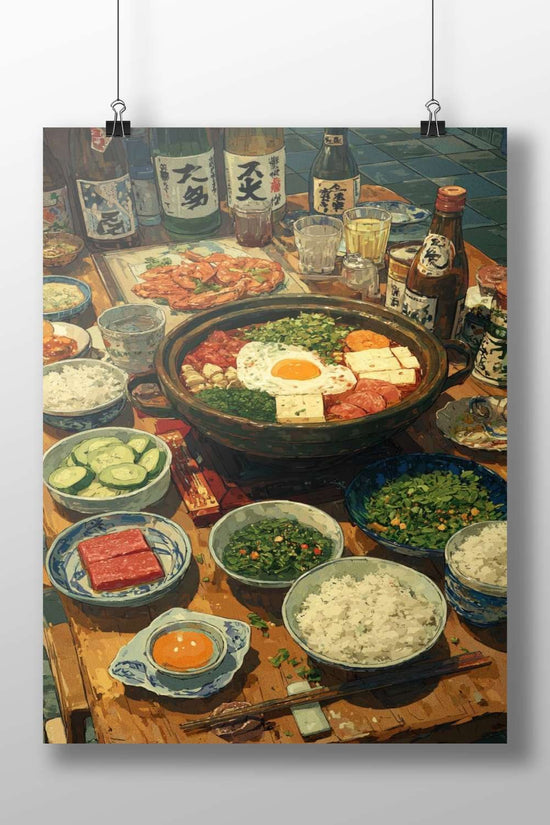 Japanese hot pot (nabe) with shrimp, rice, pickles, and various side dishes Main Subject: Japanese hot pot (nabe) with