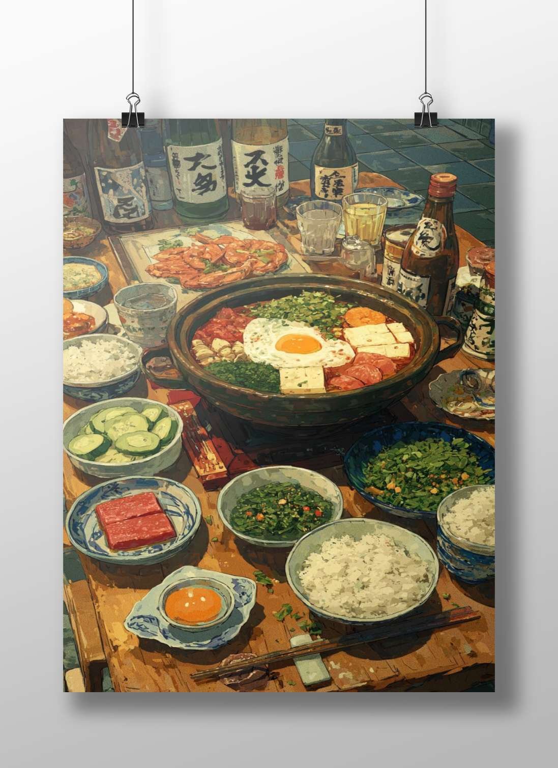 Japanese hot pot (nabe) with shrimp, rice, pickles, and various side dishes Main Subject: Japanese hot pot (nabe) with