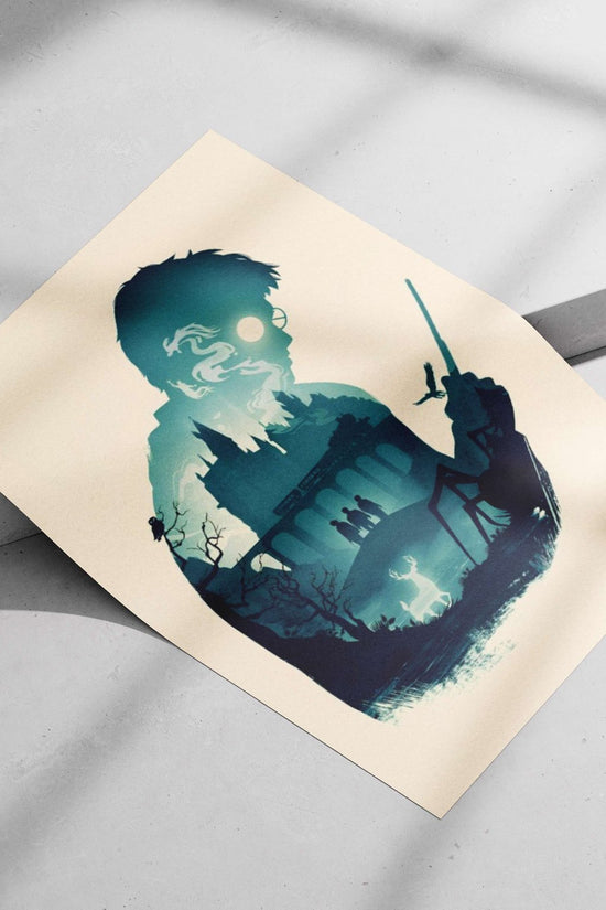 Harry Potter (from the Harry Potter franchise), featuring Hogwarts Castle, a stag Patronus, wand, and other iconic elements.