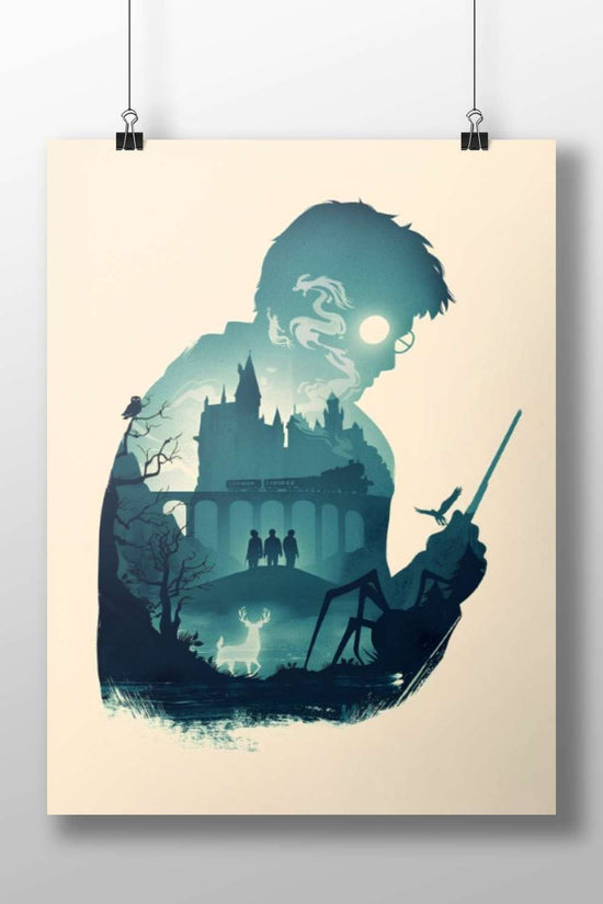 Harry Potter (from the Harry Potter franchise), featuring Hogwarts Castle, a stag Patronus, wand, and other iconic elements.
