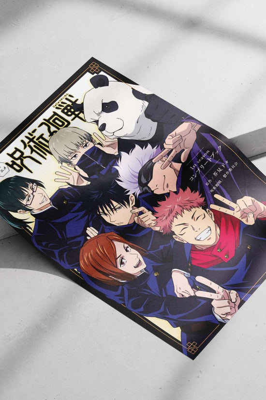 The main subject is characters from the Jujutsu Kaisen franchise, specifically Yuji Itadori, Gojo Satoru, Megumi Fushiguro,
