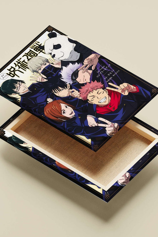 The main subject is characters from the Jujutsu Kaisen franchise, specifically Yuji Itadori, Gojo Satoru, Megumi Fushiguro,