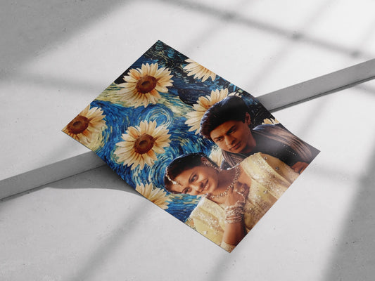 SRK & Kajol Van Gogh Poster – Bollywood Romantic Couple Art Print | Vintage Starry Sunflower Fusion Wall Decor