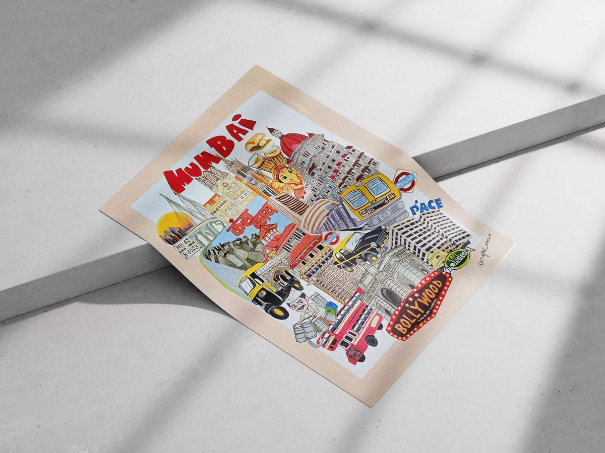 Mumbai's landmarks (Gateway of India, Chhatrapati Shivaji Terminus), local transport (yellow auto-rickshaws, Mumbai Local