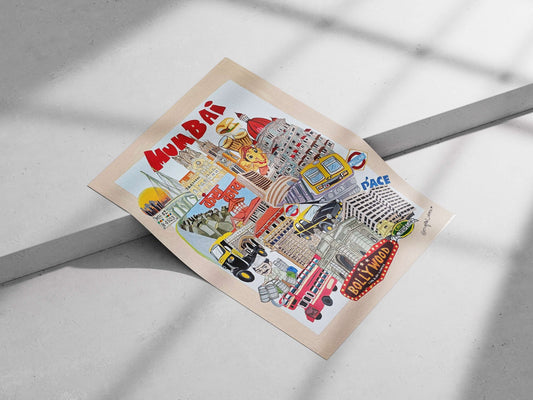 Mumbai's landmarks (Gateway of India, Chhatrapati Shivaji Terminus), local transport (yellow auto-rickshaws, Mumbai Local