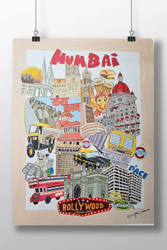 Mumbai's landmarks (Gateway of India, Chhatrapati Shivaji Terminus), local transport (yellow auto-rickshaws, Mumbai Local