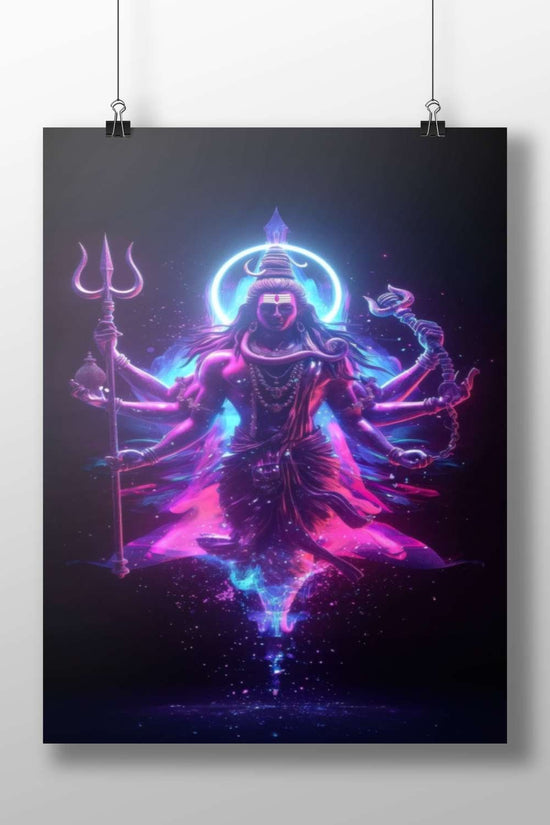 Lord Shiva (Hindu deity with trident, crescent moon, and multiple arms) Main Subject: Lord Shiva (Hindu deity with trident,