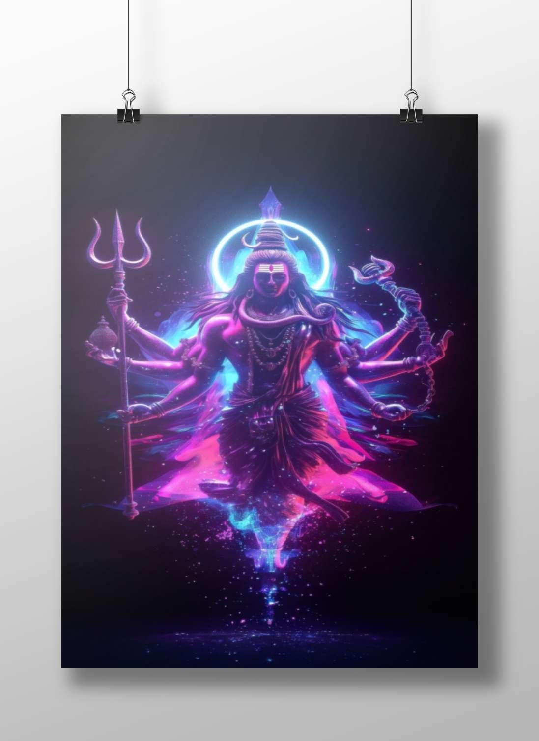 Lord Shiva (Hindu deity with trident, crescent moon, and multiple arms) Main Subject: Lord Shiva (Hindu deity with trident,