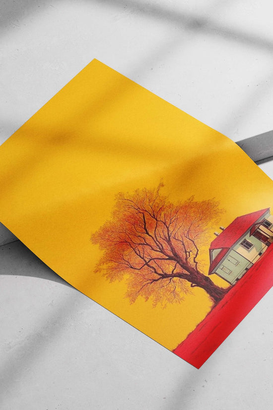 A small cottage with a red roof and a large deciduous tree Main Subject: A small cottage with a red roof and a large