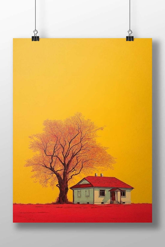 A small cottage with a red roof and a large deciduous tree Main Subject: A small cottage with a red roof and a large