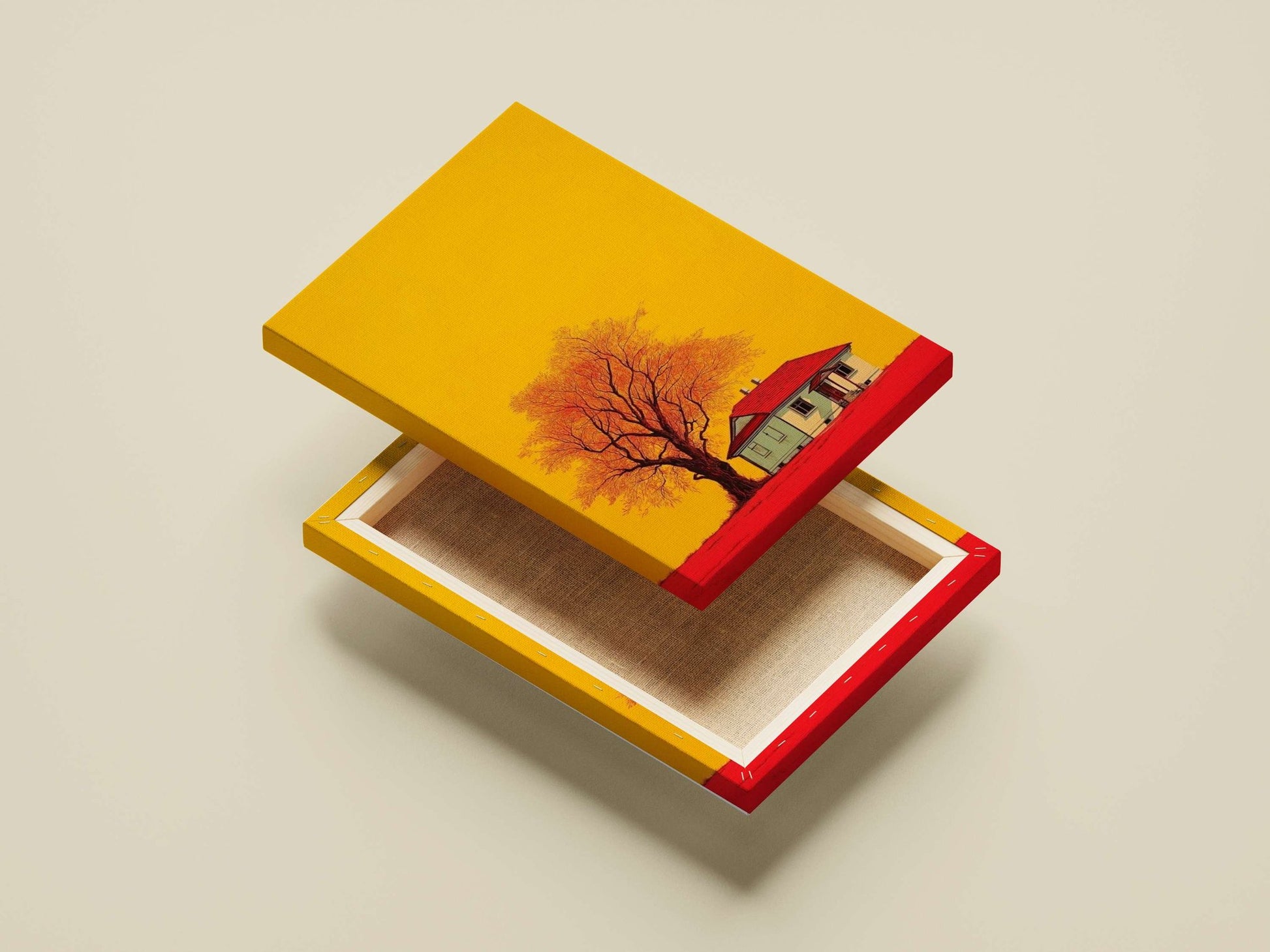 A small cottage with a red roof and a large deciduous tree Main Subject: A small cottage with a red roof and a large