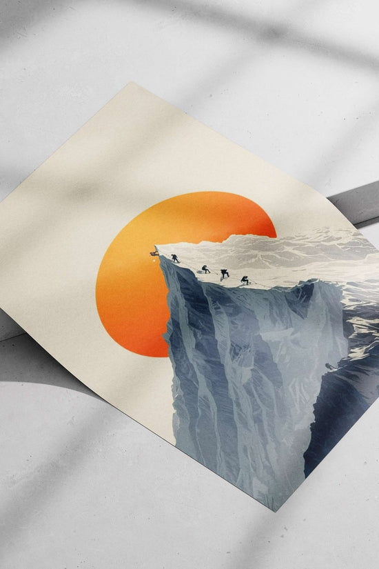 Climbers ascending a snow-capped mountain peak under an orange sun backdrop Main Subject: Climbers ascending a snow-capped