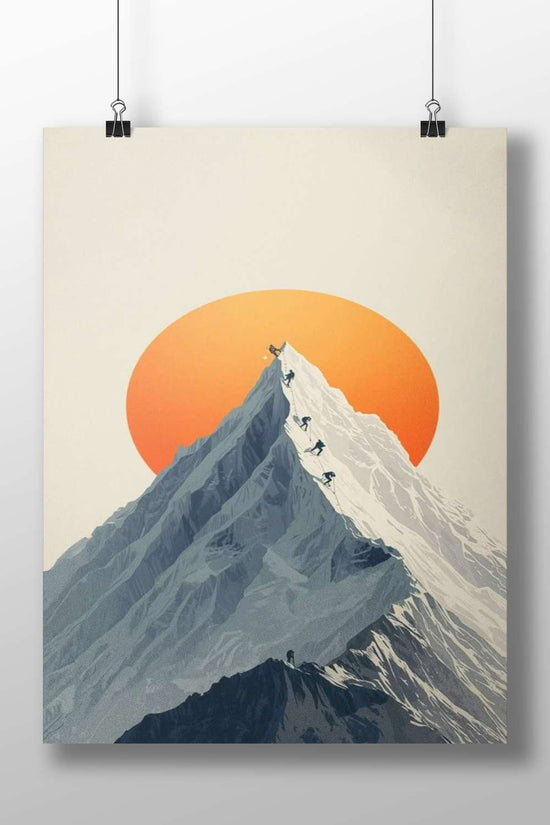 Climbers ascending a snow-capped mountain peak under an orange sun backdrop Main Subject: Climbers ascending a snow-capped