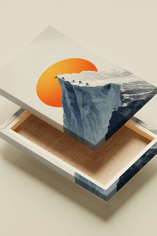 Climbers ascending a snow-capped mountain peak under an orange sun backdrop Main Subject: Climbers ascending a snow-capped